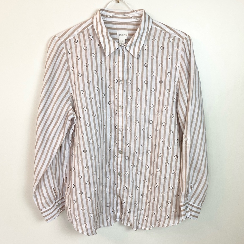 Chico’s Long Sleeve Striped Linen Button Up Top with Embroidered Eyelet Detail L